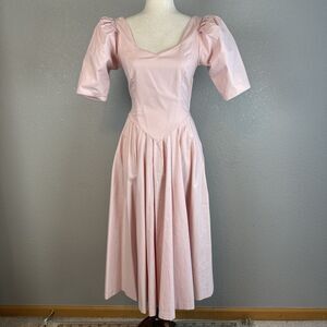 Laura Ashley Vintage Victorian Midi Dress Size S (10) Pink Cotton Bustle Pleated